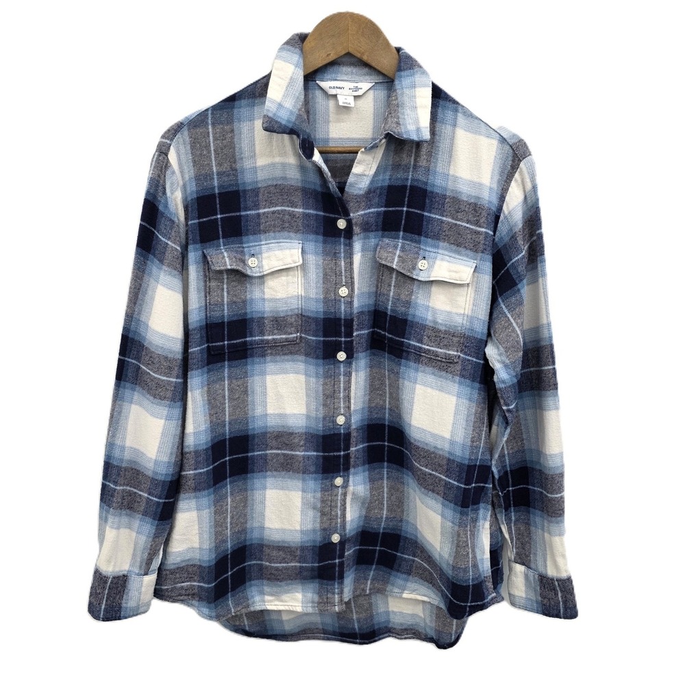 Old Navy Womens M Blue White Plaid Flannel Boyfriend Shirt Cotton Button-Up